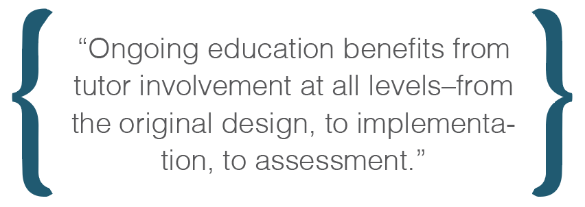 Text box: Ongoing education benefits from tutor involvement at all levelsfrom the original design, to implementation, to assessment.