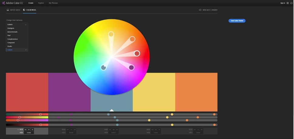 Screenshot of Adobe Color CC custom theme summer jams by Adam Trabold. Color wheel, color samples, RGB and HEX codes.
