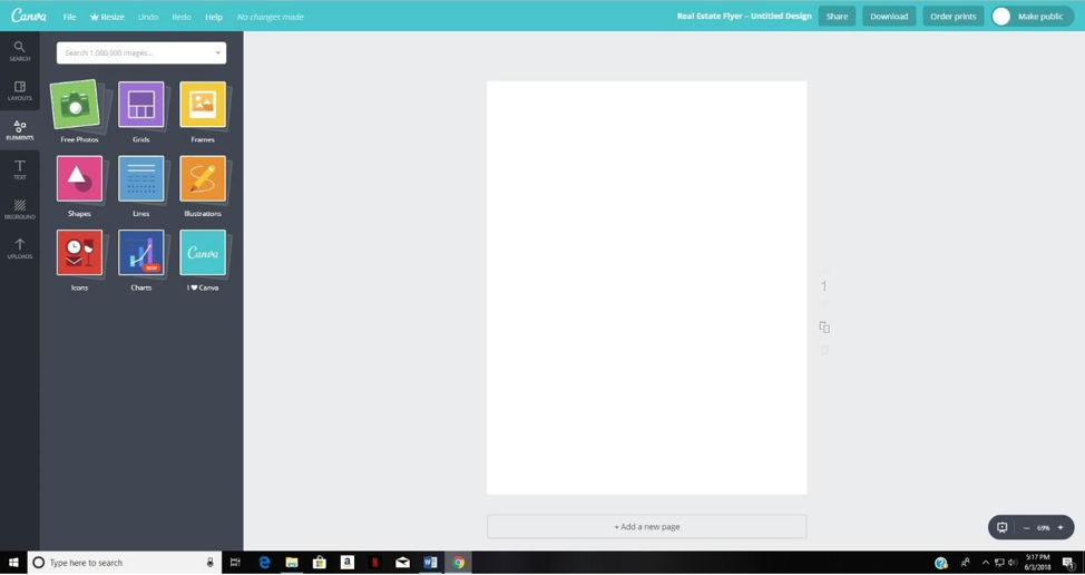 Screenshot of Canva user interface: A white, letter-sized page surrounded by a gray design area and minimalistic tool bar.