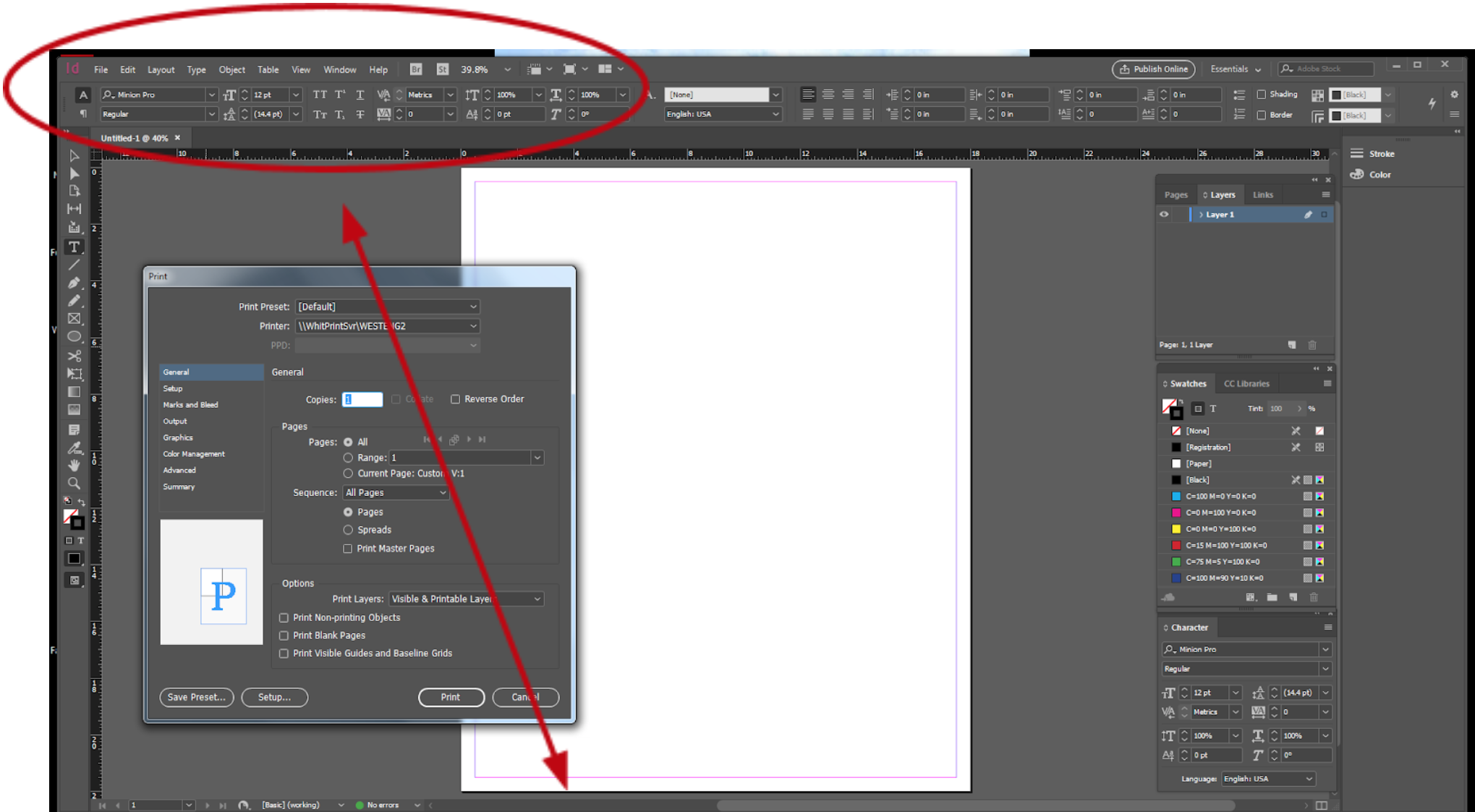 Screenshot of Adobe InDesign's user interface. A  white, letter-sized page surrounded by word- and image-processing toolbars.