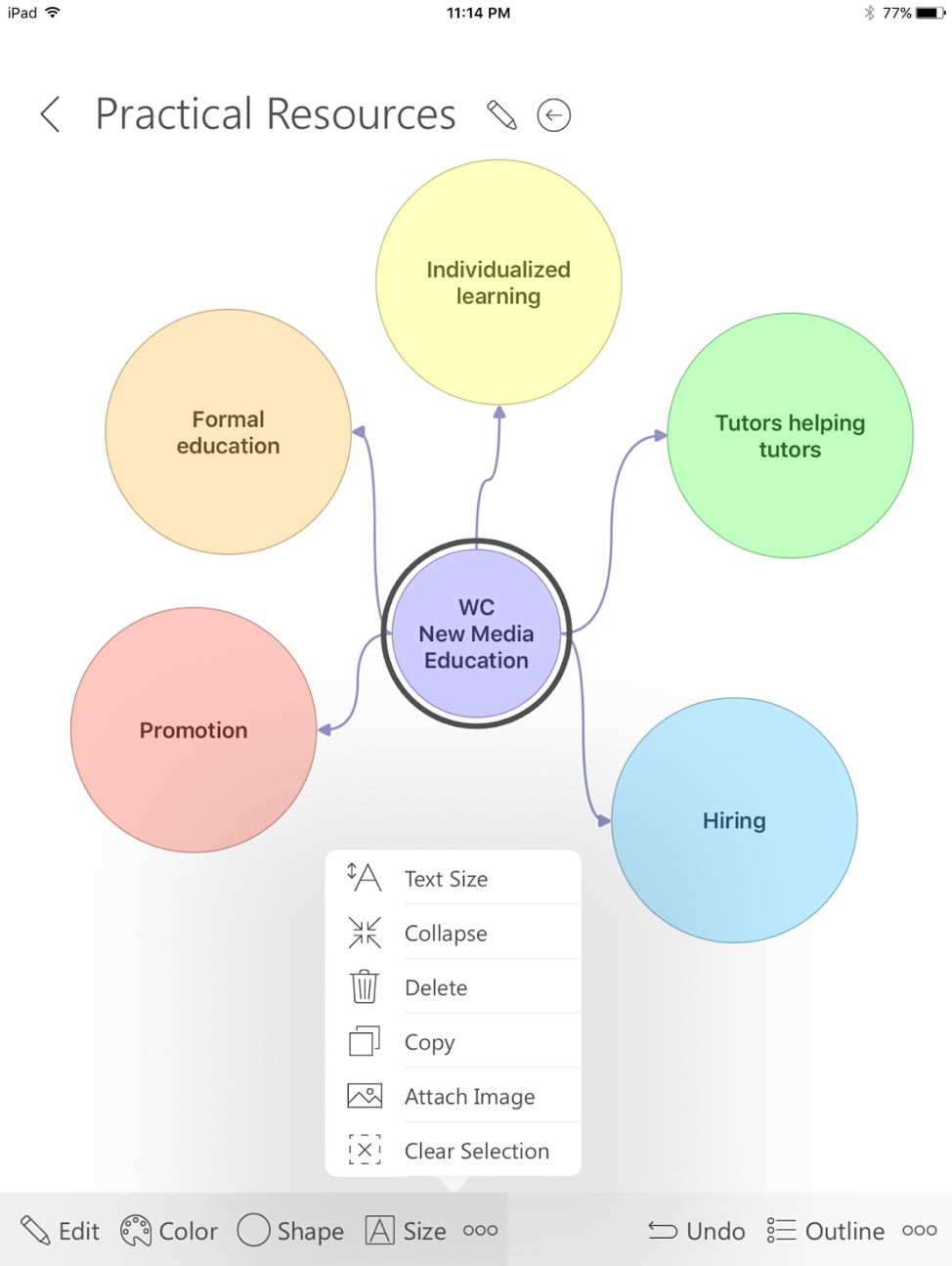 Screenshot of the Practical Resources mind map created by the chapter’s author in the Ideament brainstorming app on an iPad.