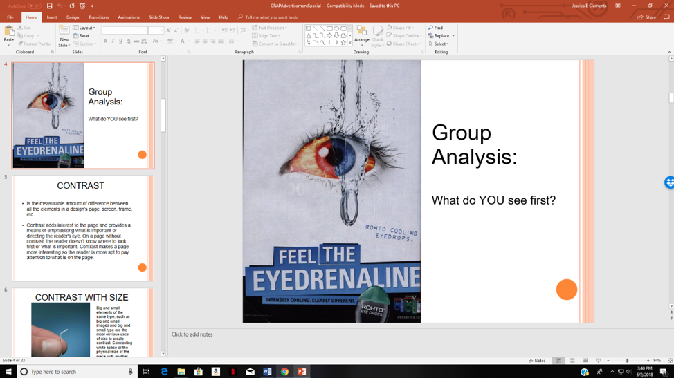 Screenshot of PowerPoint user interface. Slide 4 from Visual Rhetoric: All the C.R.A.P. You Need to Know pedagogical PPT.