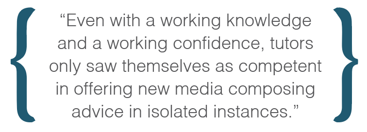 Even with a working knowledge and a working confidence, tutors only saw themselves as competent in offering new media composing advice in isolated instances.