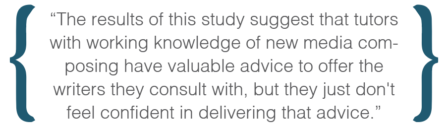 Text box: The results of this study suggest that tutors with working knowledge of new media composing have valuable advice to offer the writers they consult with, but they just don't feel confident in delivering that advice.