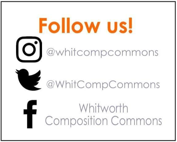 Whitworth Composition Commons social media info sticker. A 2 diameter square. White with orange, black, and gray accents.