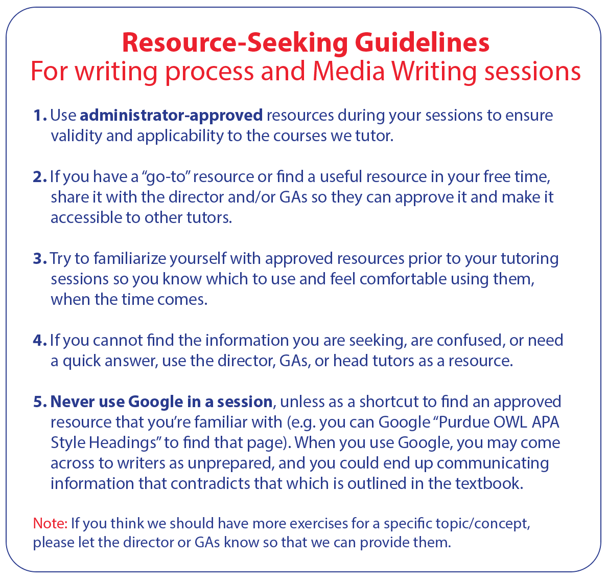 Resource-seeking guidelines for our writing center.