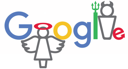 Playful illustration of Google text with devil and angel.