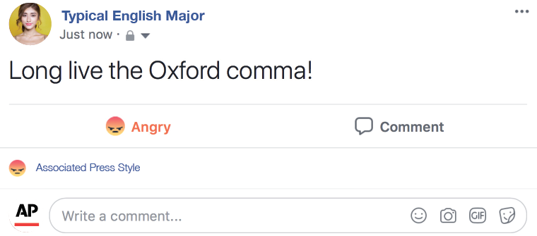 Playful image of Associated Press reacting to Oxford Comma post to Facebook.