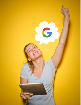 Photo of happy person thinking about Google.