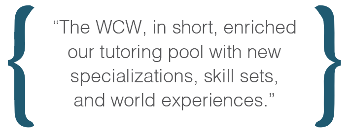 Text box: The WCW, in short, enriched our tutoring pool with new specializations, skill sets, and world experiences.