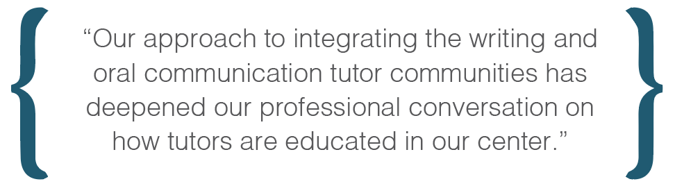 Text box: Our approach to integrating the writing and oral communication tutor communities has deepened our professional conversation on how tutors are educated in our center.