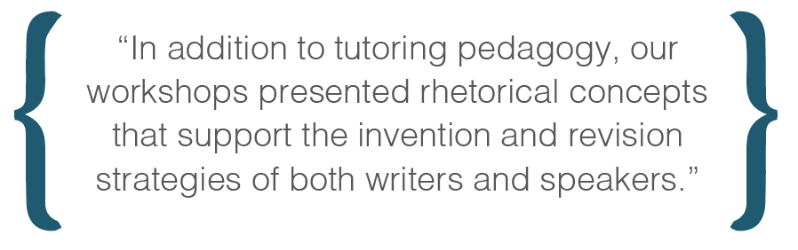 Text box: In addition to tutoring pedagogy, our workshops presented rhetorical concepts that support the invention and revision strategies of both writers and speakers.
