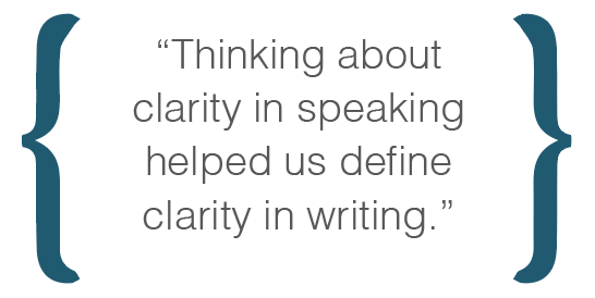 Textbox: Thinking about clarity in speaking helped us define clarity in writing.