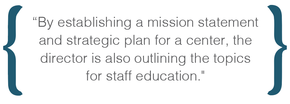 Text box: By establishing a mission statement and strategic plan for a center, the director is also outlining the topics for staff education.