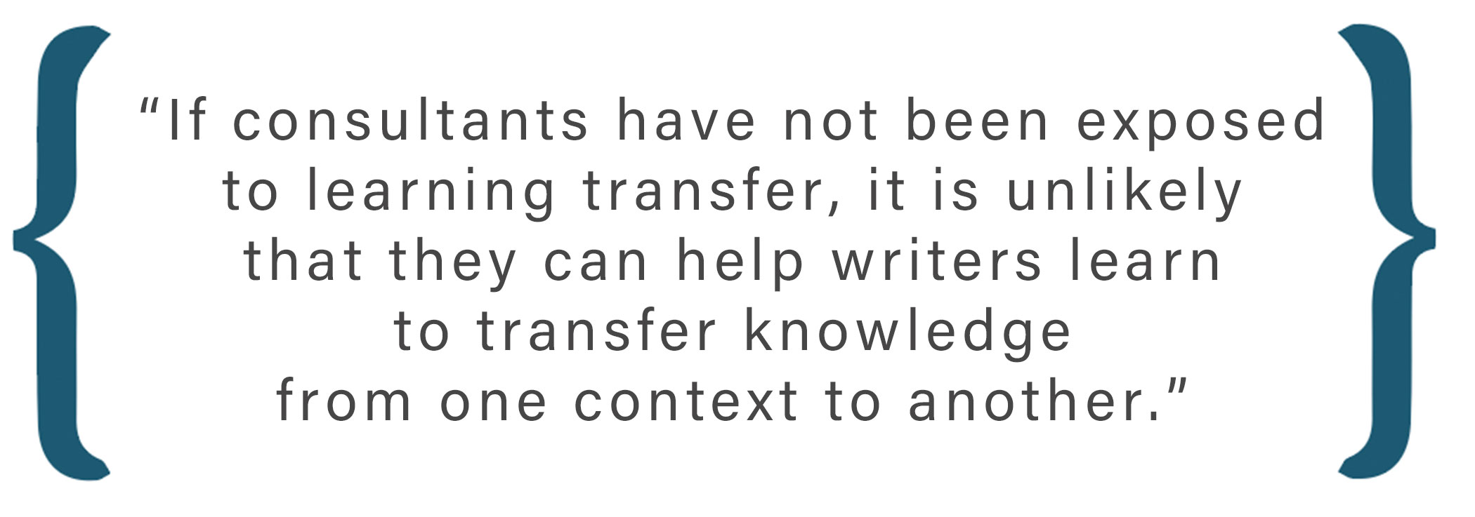 Text box: If consultants have not been exposed to learning transfer, it is unlikely that they can help writers learn to transfer knowledge from one context to another.