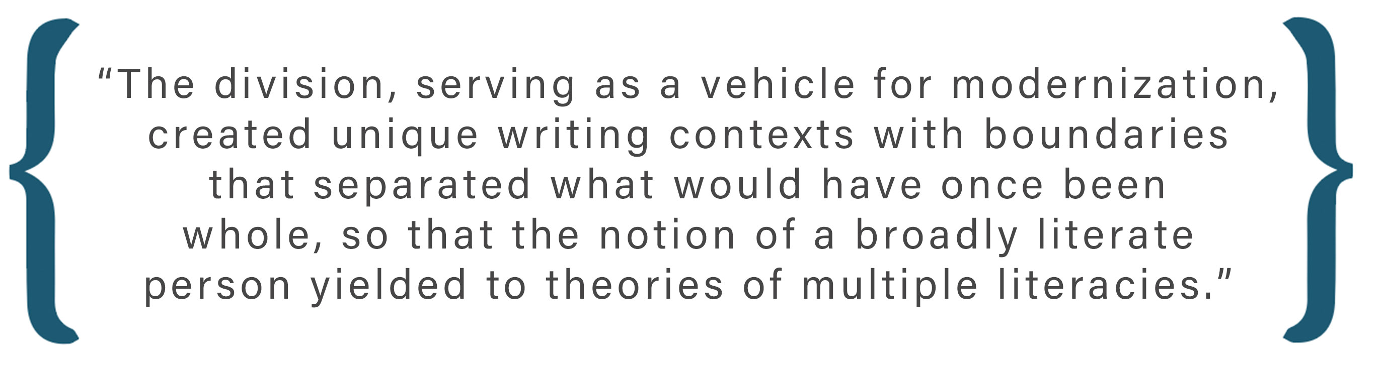 Text box: The division, serving as a vehicle for modernization, created unique writing contexts with boundaries that separated what would have once been whole, so that the notion of a broadly literate person yielded to theories of multiple literacies.