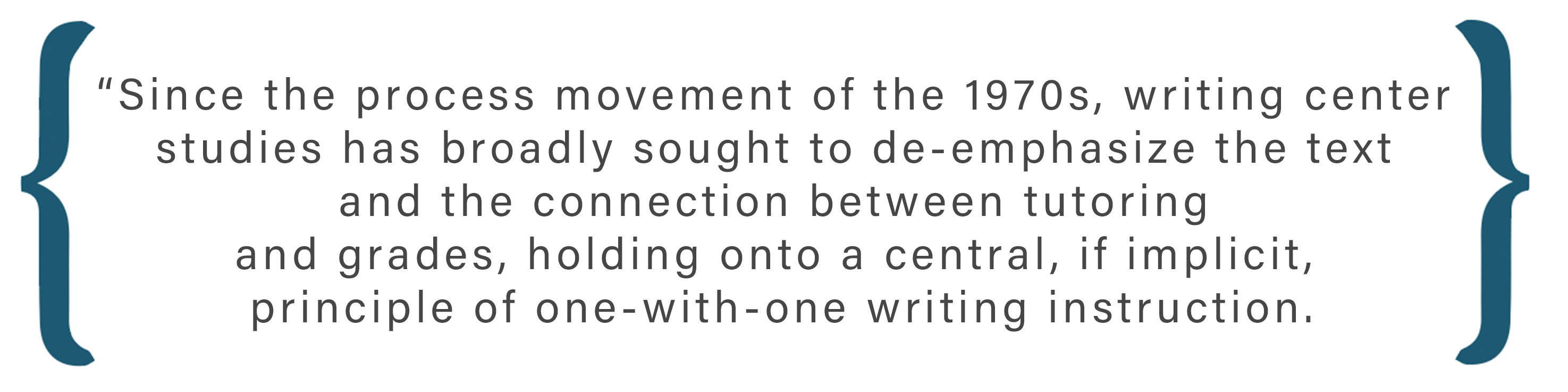 Text box:  Since the process movement of the 1970s, writing center studies has broadly sought to de-emphasize the text and the connection between tutoring and grades, holding onto a central, if implicit, principle of one-with-one writing instruction, that suggests a text cannot represent the complexity of what it takes to compose it. 