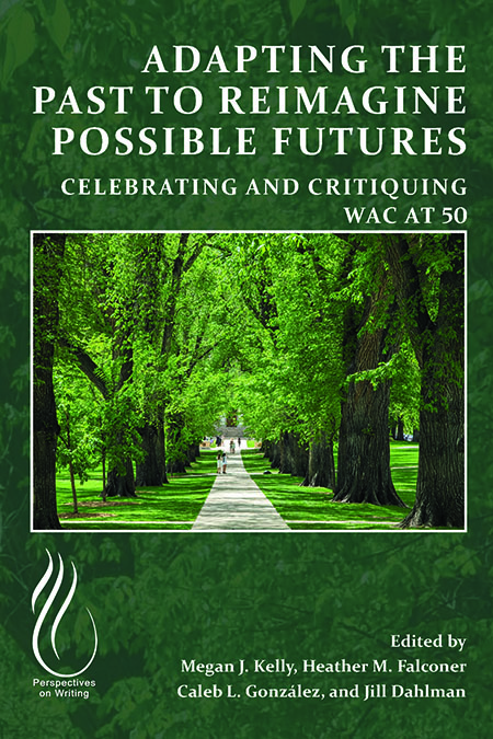 Cover of Adapting the Past to Reimagine Possible Futures, showing a concrete pathway through rows of green trees