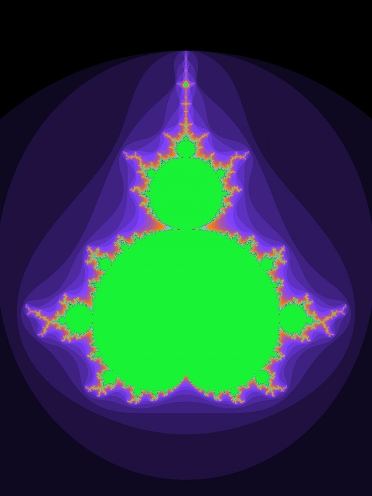 Image of a Manelbrot Set, which looks like cells or bacteria you would see under a microscope. It is bright, neon green with a pinkish outline and purple outer glow.