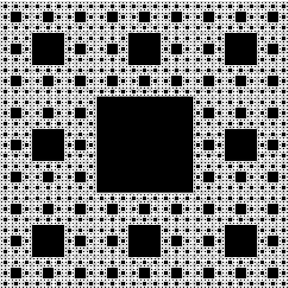 Image is a white square with a large black square in the middle and smaller black squares surrounding it. In between the squares are black dots.