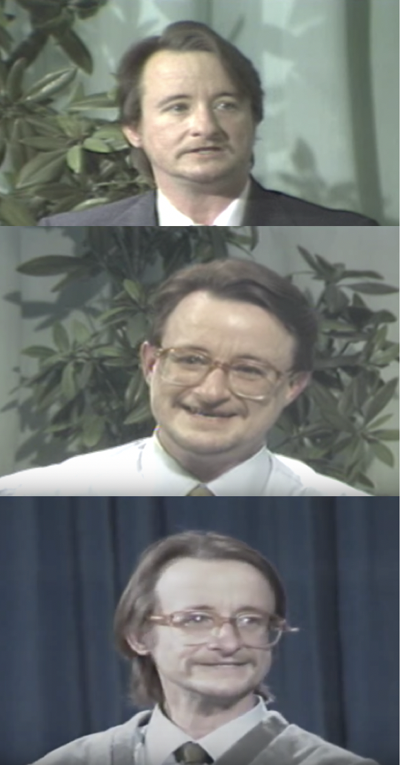 This figure shows three images stacked vertically, all of Lou Sullivan. They appear to be still images taken from interviews Sullivan gave from 1988, 1989, and 1990. Sullivan is smiling in each image, but he looks less healthy in each one. In the 1990 image, he his visibly thinner, wearing glasses, and looks paler.