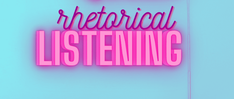 Cover is a light blue background with neon pink 3-D letters that read Queer Rhetorical Listening. There's a radio at the bottom right of the image with the antenna sticking up.