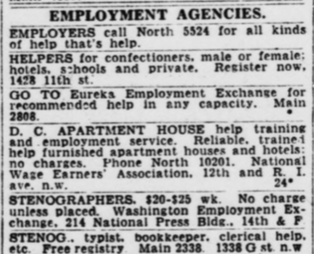 Black and white ad from what appears to be a newspaper listing employment agencies.
