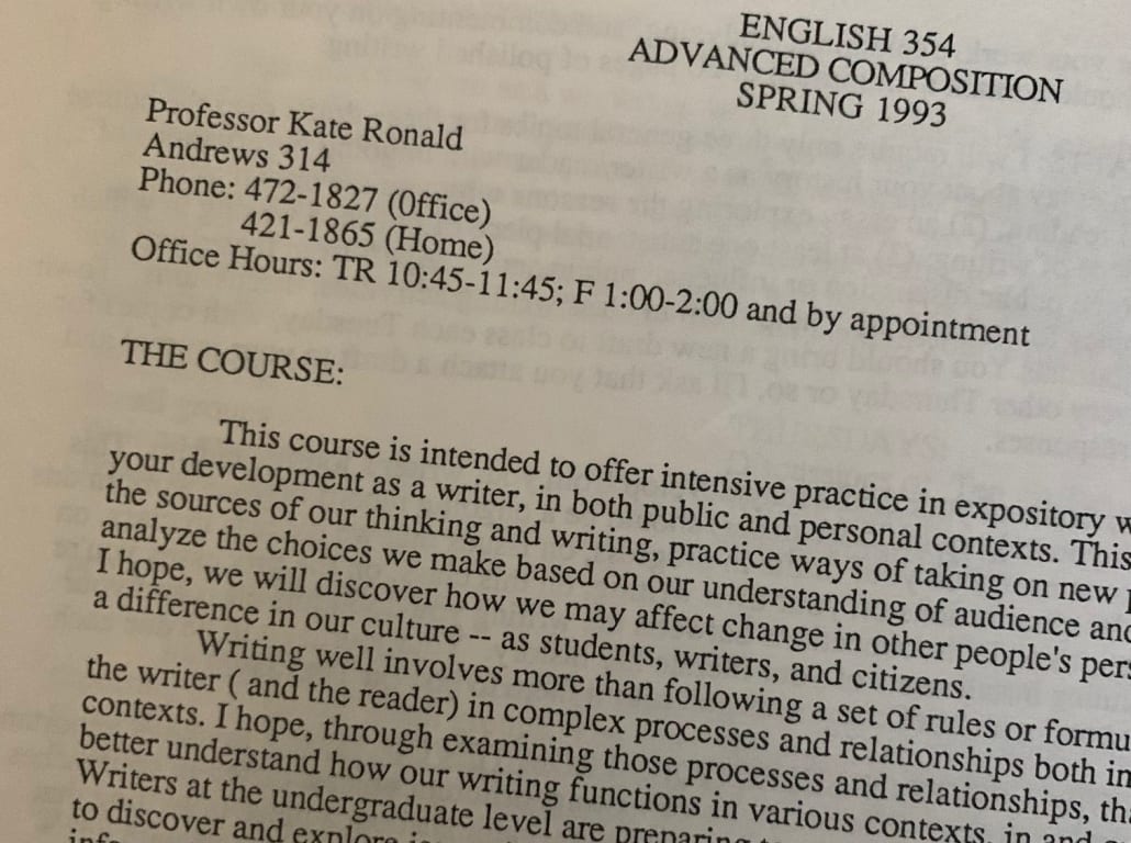 part of front page of Kate Ronald’s 1993 Advanced Composition syllabus