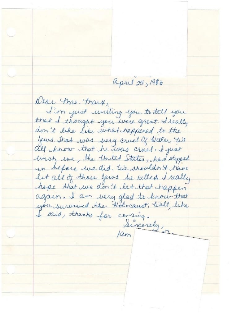 Image of a letter to Nessie Marks from a student teeling Nessie that her talk with them was "great," that the student didn't like what happened to the Jews during the holocaust, and that the student believes the US should have stepped in sooner to help save lives during the war.