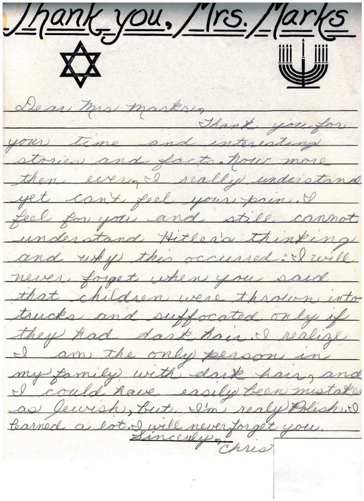 Image of a letter to Nessie Marks from a student thanking her for coming to talk to them and sharing the student's realization after that talk that the student would have been the only child of their family killed for having dark hair.