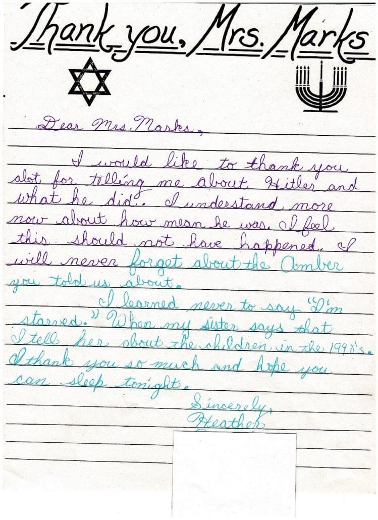 Image of a letter to Nessie Marks from a student thanking her for telling them about Hitler and the Holocaust, relating the lesson the student learned from the talk, and offering the hope that Mrs. Marks would be able to "sleep tonight."
