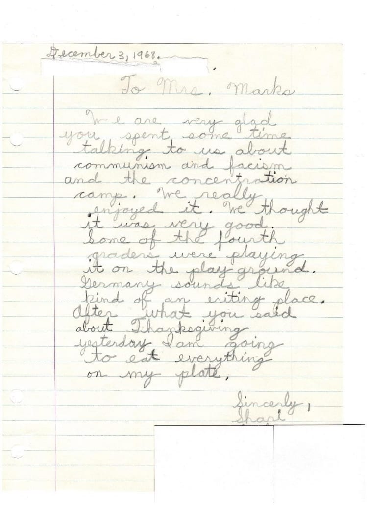 Image of a letter from a student to Nessie Marks thanking her for speaking with them about communinism, fascism, and being in the concentration camps.