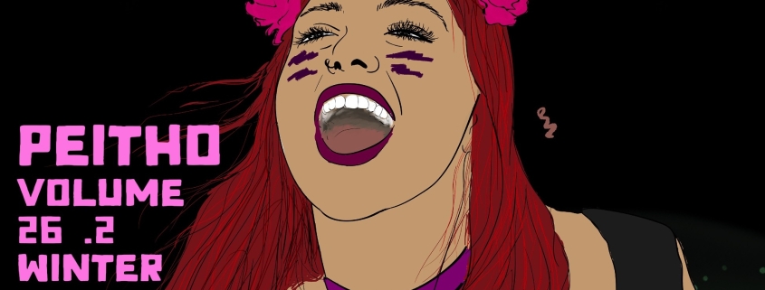 Image description: a drawing by Pilar Emitxin. A young woman leans forward, laughing or shouting gleefully. She has pink flowers on top of her long red hair, she wears a green bandana for a top, and wears a bright purple choker necklace. The background is black, and bright pink text reads: “EL FEMINISMO VA A VENCER” (“Feminism is going to win”).