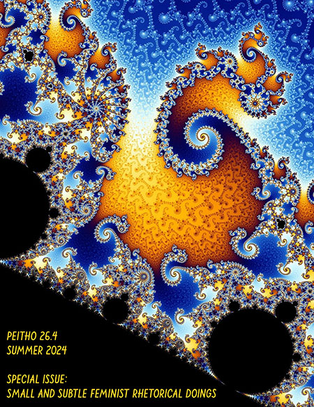 A fractal in shades of black, dark blue, light blue, orange, yellow, and white. The lower left corner is a right triangle in solid black with the words 'Peitho 26.4 Summer 2024 Special issue: Small and Subtle Feminist Rhetorical Doings' in a slightly slanted font, all caps, in yellow. It is inspired by adrienne maree brown's idea about fractals and patterns: 'what we practice on a small scale can reverberate to the largest scale.'