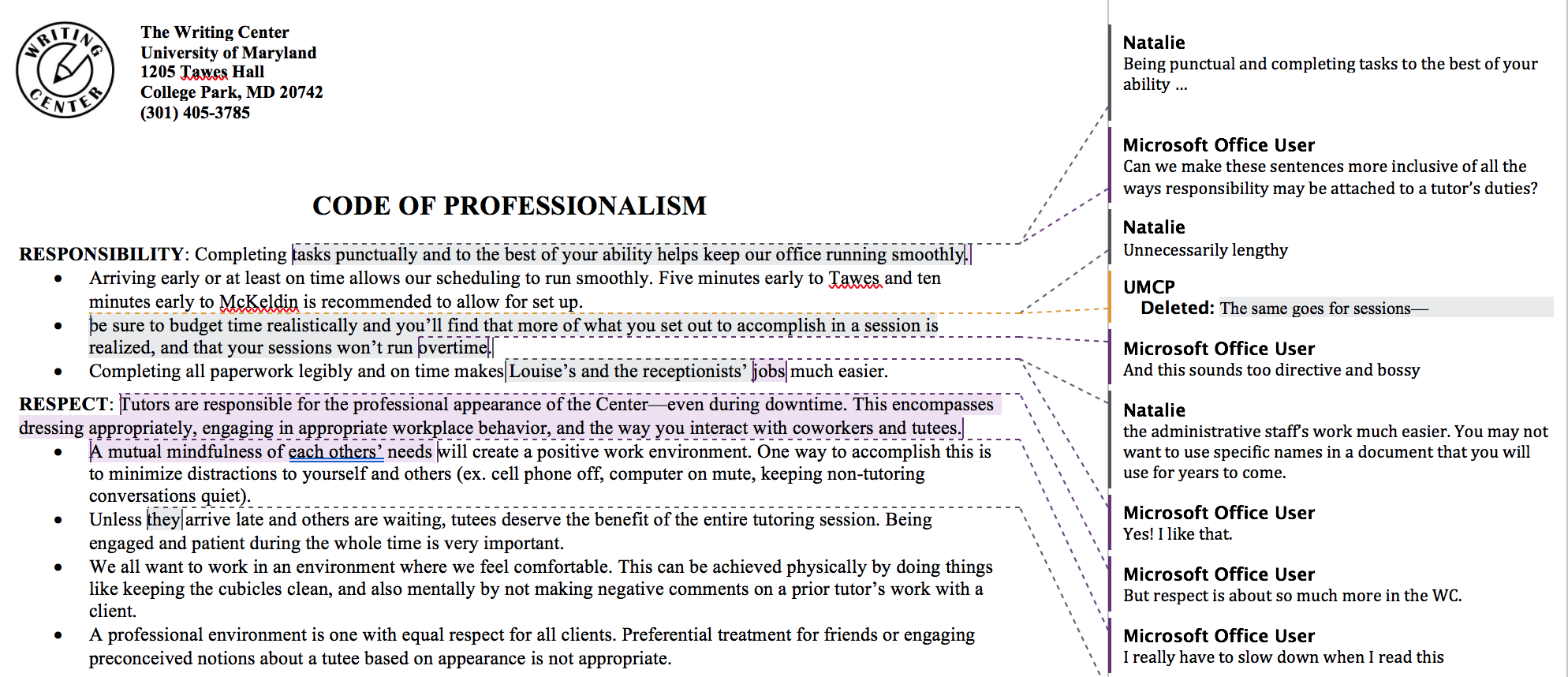 Draft of Tutors' Code of Professionalism with comments.