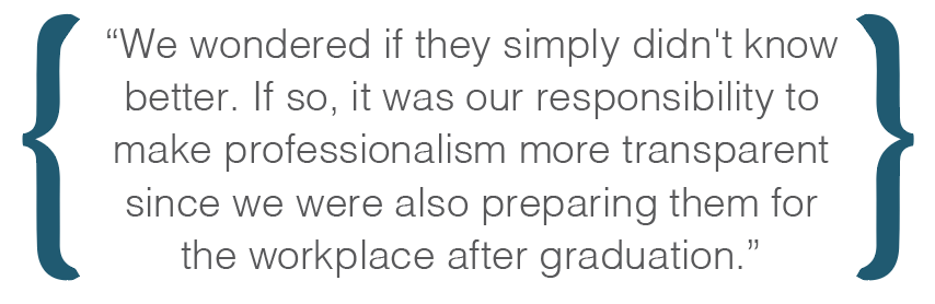 Text box: We wondered if they simply didn't know better. If so, it was our responsibility to make professionalism more transparent since we were also preparing them for the workplace after graduation.