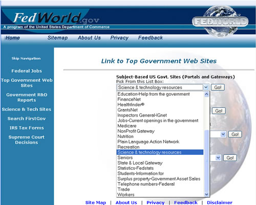 Screen shot of FedWorld database